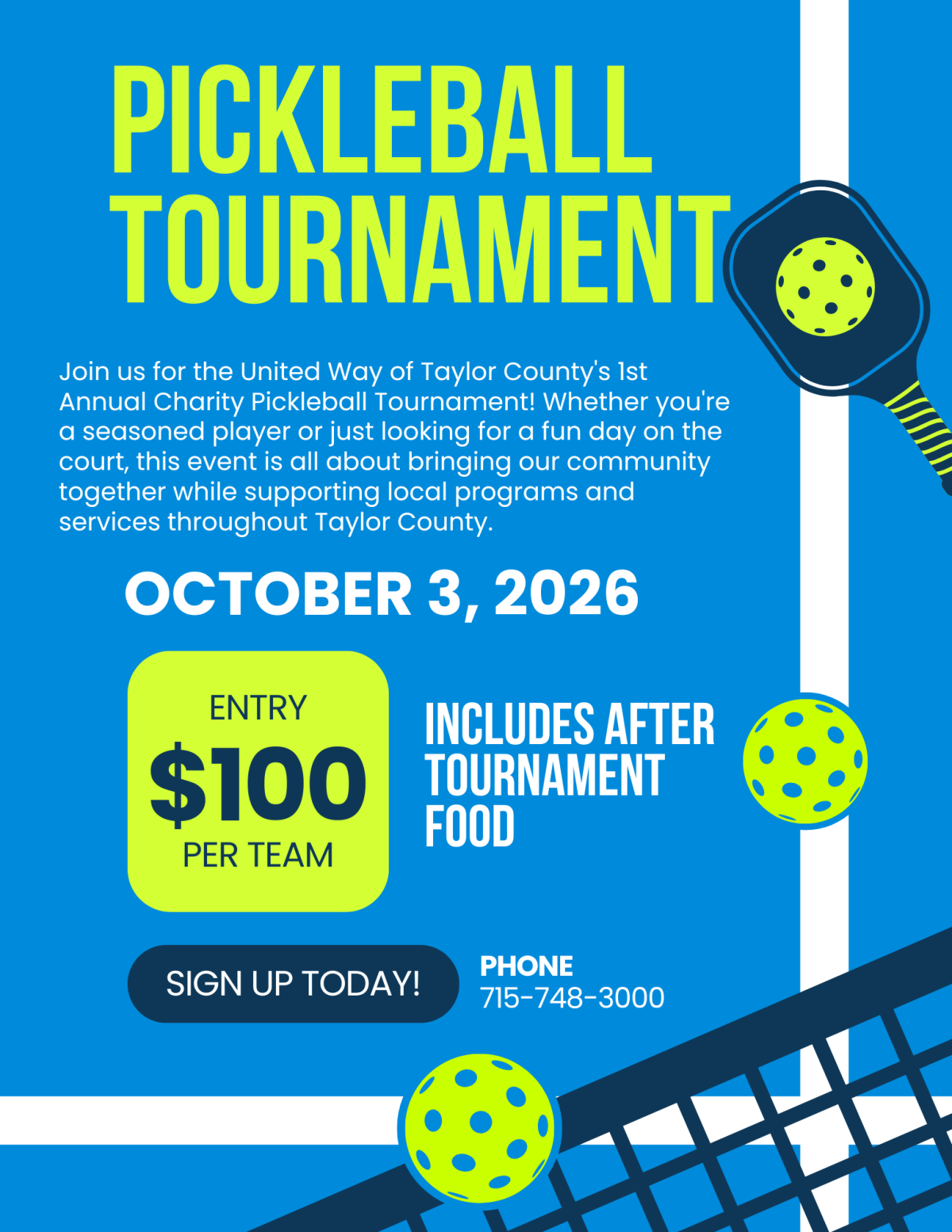 Pickleball Tournament October 3, 2026 entry is $100 per team